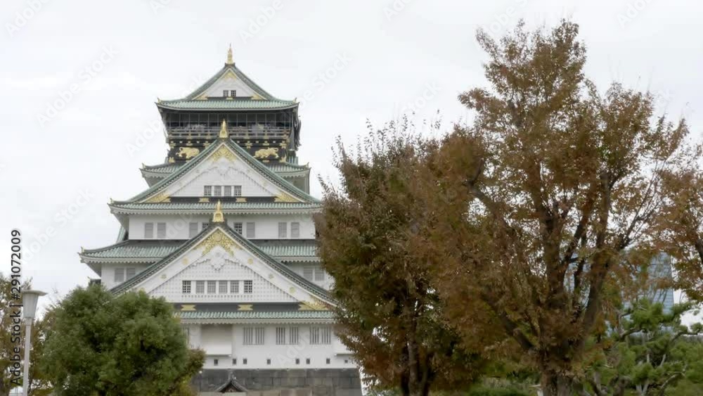 Osaka castle on autumn, cloudy day. Pan left. Osaka castle on autumn, cloudy day. Pan left.