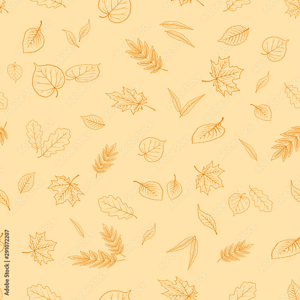 The pattern shows leaves, mushrooms and acorns. Lettering of the word fall. Can be used as background and wallpaper.The landscape depicts leaves, mushrooms and acorns. Lettering of the word fall. Bird
