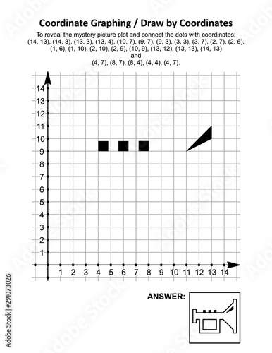 Coordinate graphing, or draw by coordinates, math worksheet with a trumpet: To reveal the mystery picture plot and connect the dots with given coordinates. Answer included.