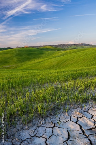 Iconic tuscanian landscape, with waving green hills, cracked soil in foreground, and distant country houses