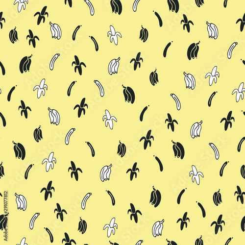 Vector yellow cute and fun black and white bananas seamless pattern background