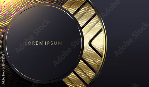 Abstract dark design with a round frame with a gold edging and shiny mosaic