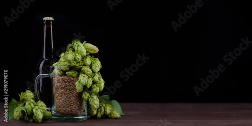 Bottle of a craft beer and mug with malt and fresh green of hops like a foam on dark wooden table. Black background