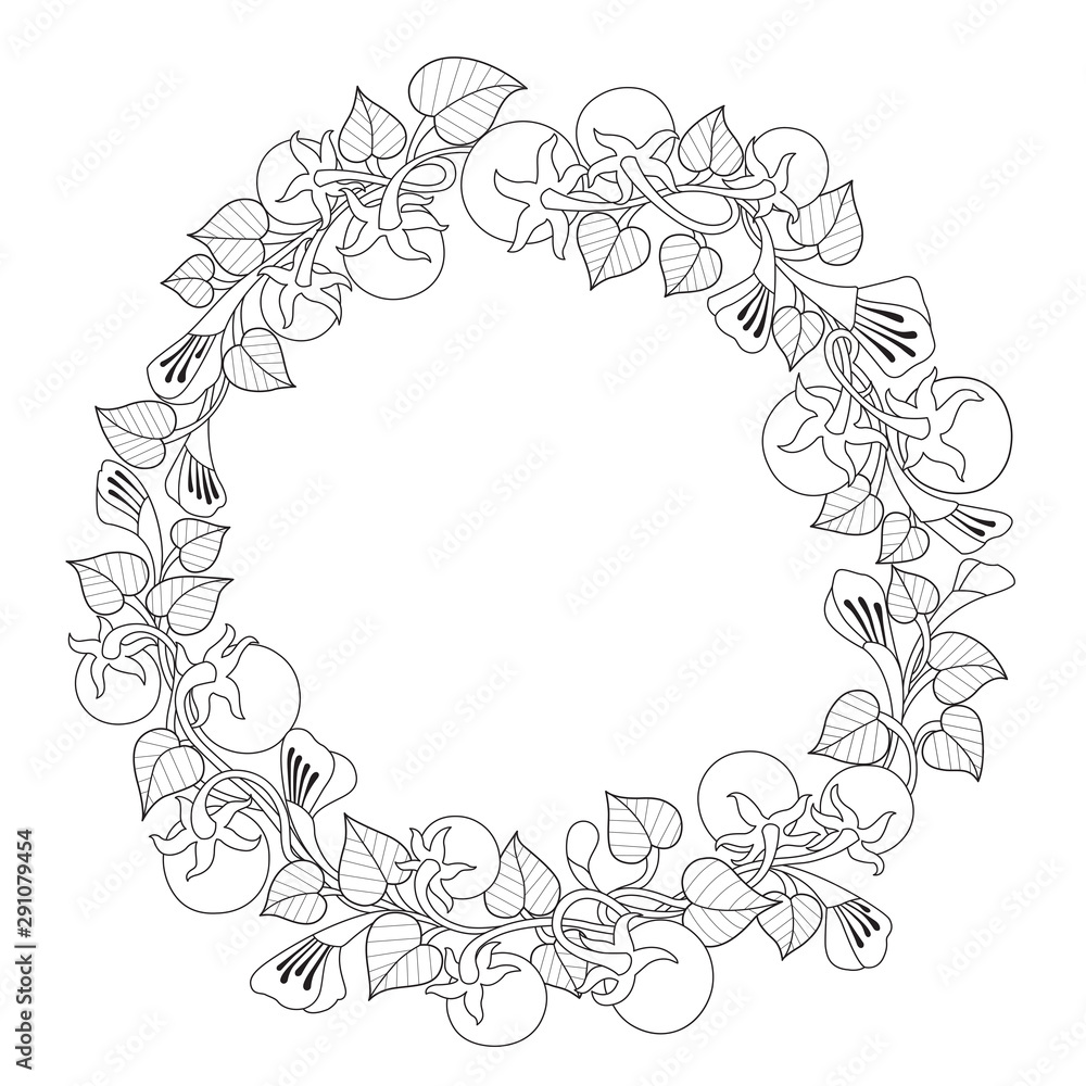Hand drawn sketch illustration of flower wreath for adult coloring book. Hand drawn sketch illustration of flower wreath for adult coloring book.