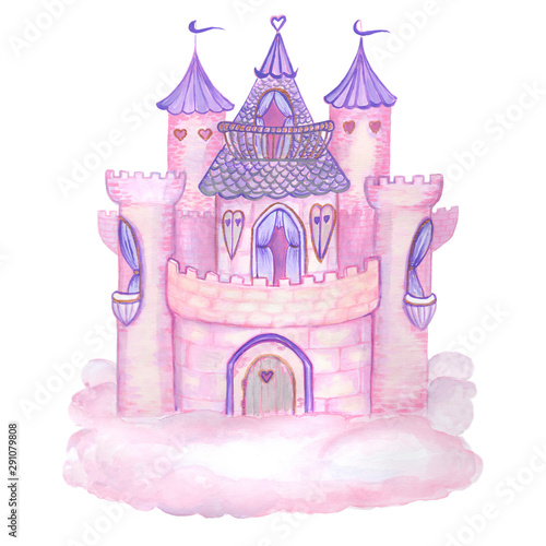 Pink princess magic castle. Hand drawn watercolor pink and violet fairytale castle on the cloud. Isolated on white. Kids illustration.