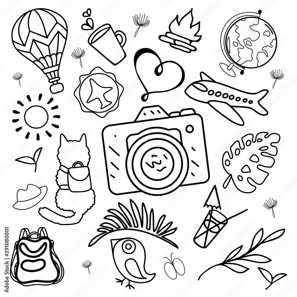 Hand-drawn doodle set. Bullet journal travel stickers for diary