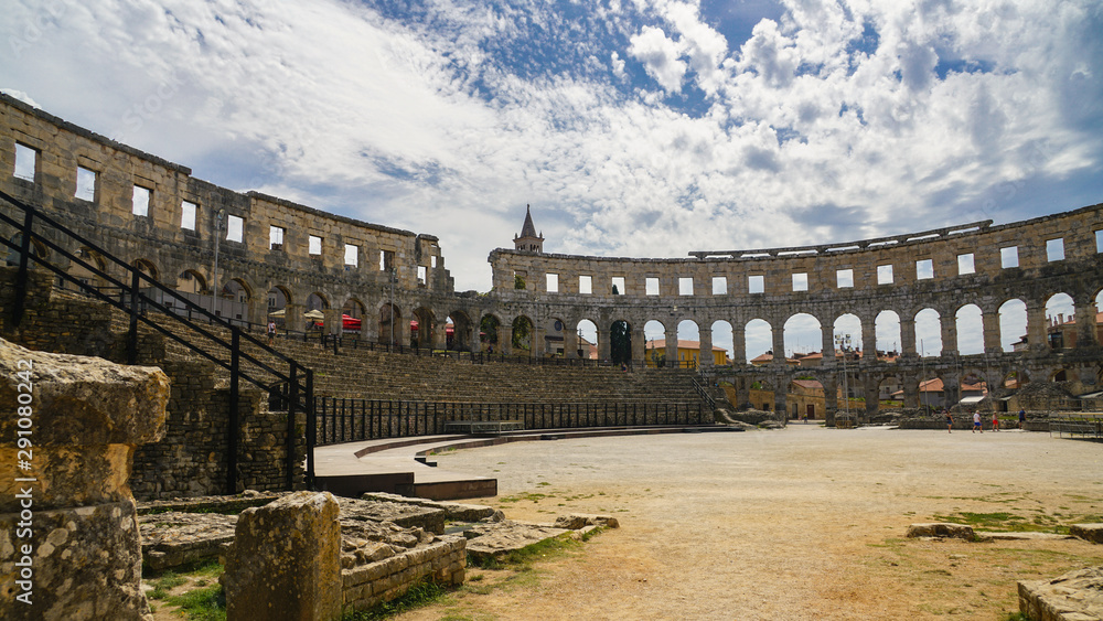 View of the arena and the southern part of the amphitheater wall in Pula