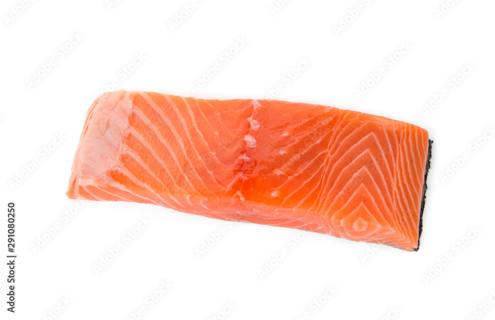 raw salmon piece isolated on white background, top view raw salmon piece isolated on white background, top view