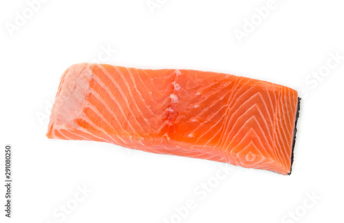 raw salmon piece isolated on white background, top view