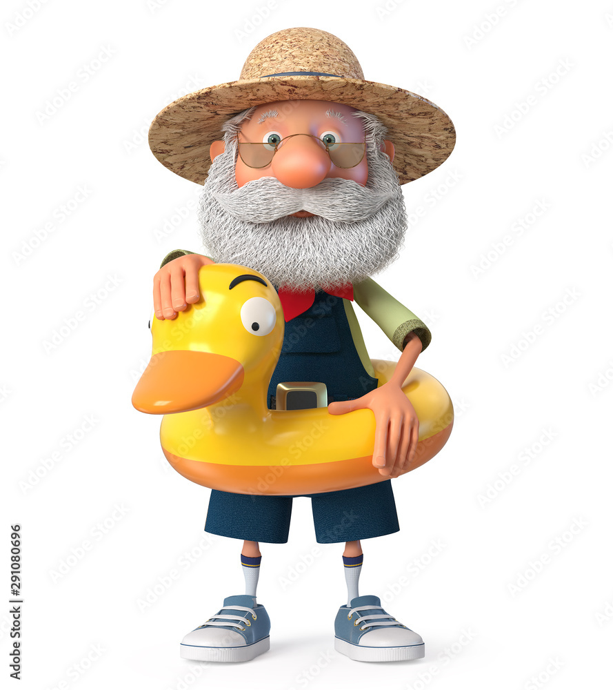 3D illustration elderly farmer costs outdoors with a smile/3D illustration of grandpa peasant posing in overalls on the beach