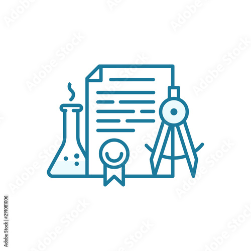 Education document icon. Patent for invention. Educational project. Scientific contract. Outline contour blue line.
