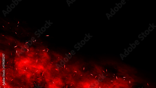 Fire red particles effect dust debris isolated on black background, motion powder spray burst. Design element.