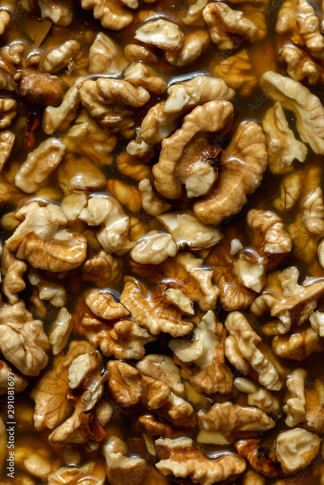 Overhead view soaked walnut close up Overhead view soaked walnut close up