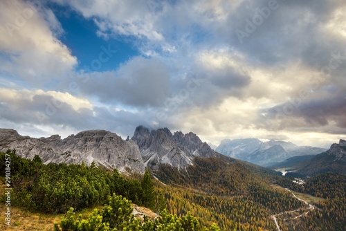 Wallpaper Mural Alpine landscape with a valley covered with trees and distant mountains, under a blue sky with puffy clouds Torontodigital.ca