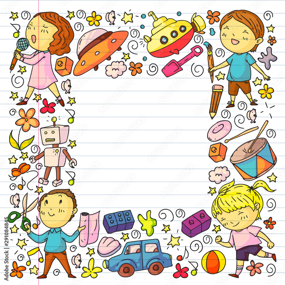 Drawing on exercise notebook in colorful style. Painted by hand style seamless pattern on the theme of childhood. Vector illustration for children design. Drawing on exercise notebook in colorful style. Painted by hand style seamless pattern on the theme of childhood. Vector illustration for children design.