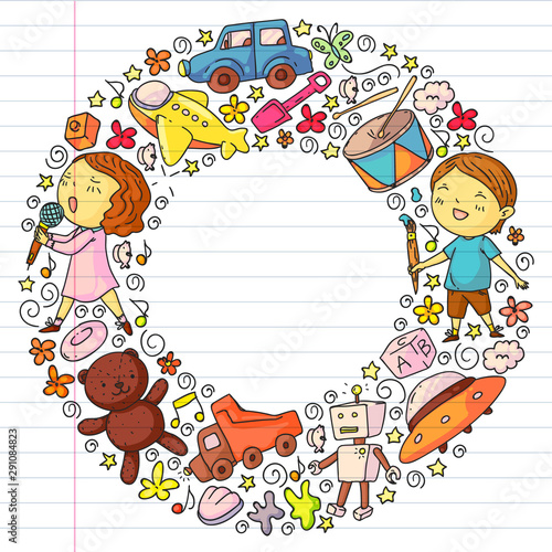 Drawing on exercise notebook in colorful style. Painted by hand style seamless pattern on the theme of childhood. Vector illustration for children design.