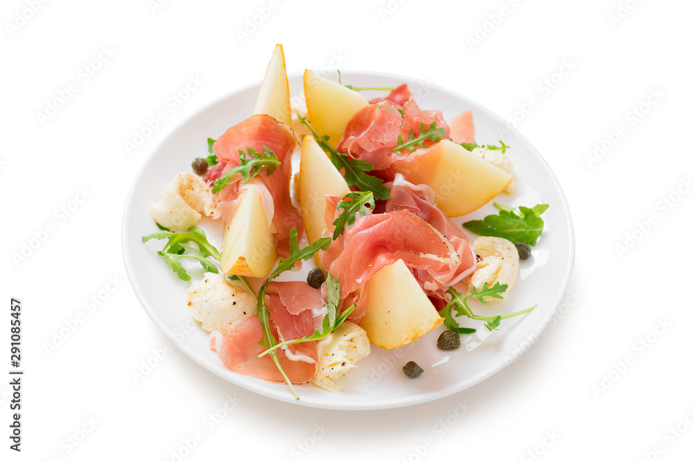 Melon and prosciutto ham salad with Mozzarella and arugula leaves.isolated on white background Melon and prosciutto ham salad with Mozzarella and arugula leaves.isolated on white background