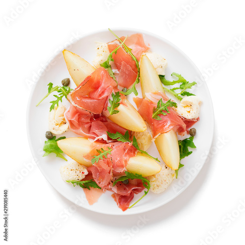 Melon and prosciutto ham salad with Mozzarella and arugula leaves.isolated on white background