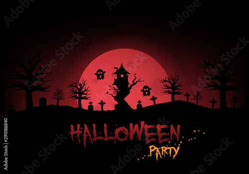 Happy halloween poster banner with tree house and Cemetery Mark on red moon background.