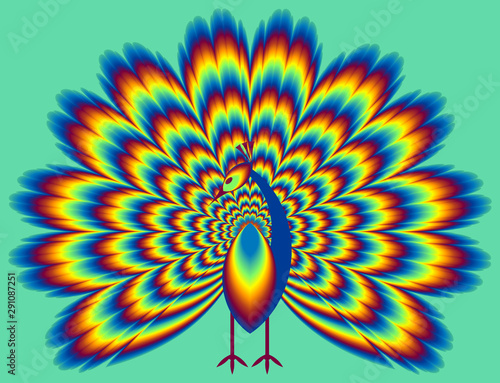 Peacock with pulsing fiery tail. Optical illusion of movement.