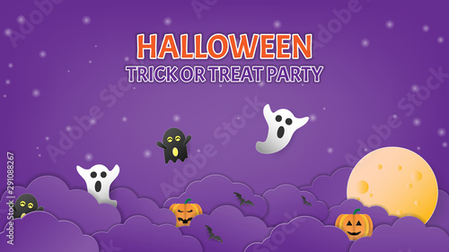 Happy halloween poster banner with pumpkin and ghost, paper art style.