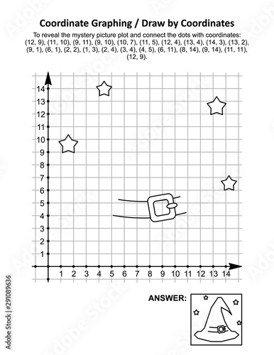 Coordinate graphing, or draw by coordinates, math worksheet with Halloween witch hat: To reveal the mystery picture plot and connect the dots with given coordinates. Answer included.