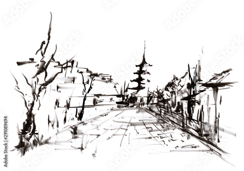 三重塔が見える墨絵風景