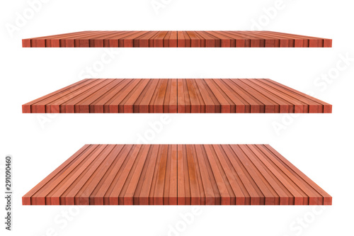 Set of brown wood shelves on isolated white background. Objects with clipping path for design work and decoration