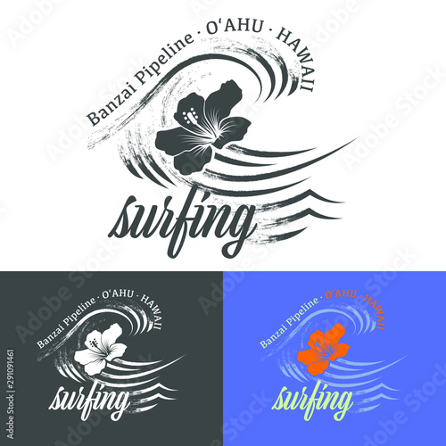 Banzai Pipeline, Oahu, Hawaii text with waves and flower. Color and monochrome vector illustrations. For t-shirt prints and other uses.