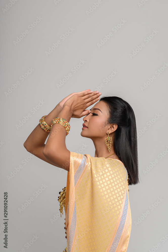 Women wearing Thai clothing that Pay respect,sawasdee symbol Women wearing Thai clothing that Pay respect,sawasdee symbol