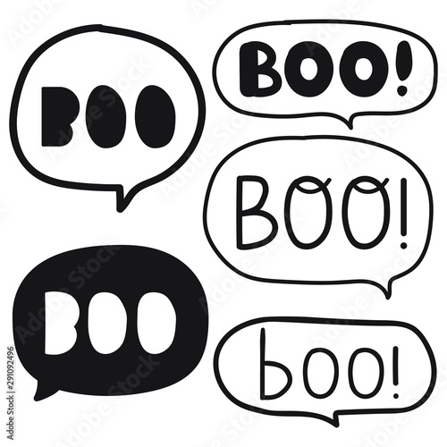 Boo. Set of speech bubbles for halloween holiday. Hand drawn vector illustration on white background.