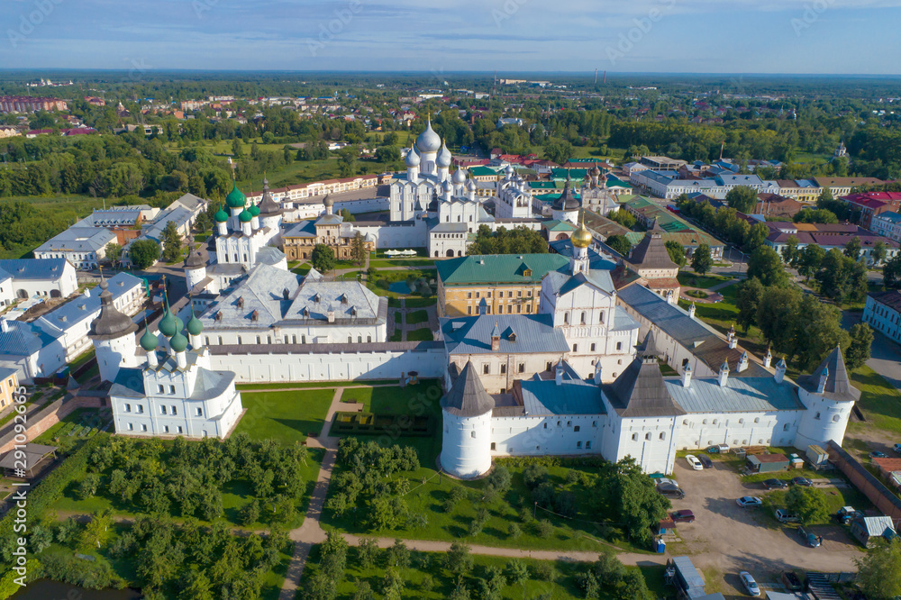 View of the Kremlin of Rostov the Great on a July sunny day (aerial photography). Golden ring of Russia
