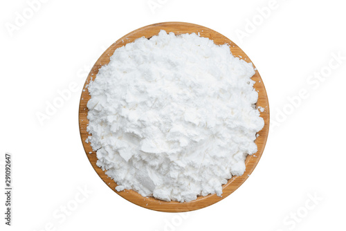 Top view tapioca starch powder in wooden bowl background isolate photo