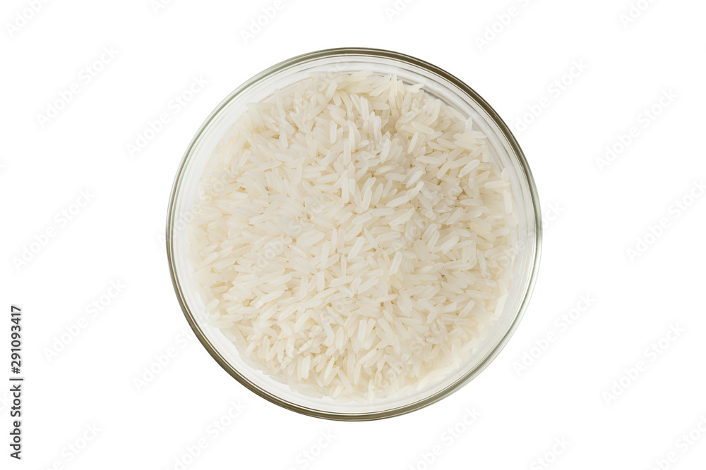 Top view close up of Thai jasmine rice uncook in glass bowl, a long-grain variety of fragrant rice, white background isolate, clipping path Top view close up of Thai jasmine rice uncook in glass bowl, a long-grain variety of fragrant rice, white background isolate, clipping path