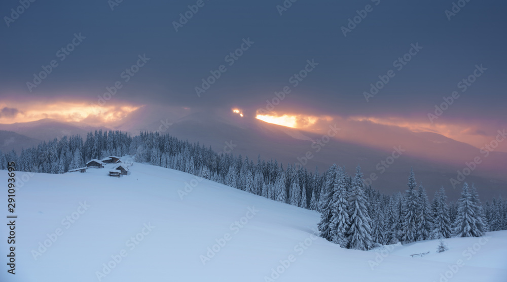 Winter landscapes of Ukrainian Carpathians with fog and snow mountain peaks Winter landscapes of Ukrainian Carpathians with fog and snow mountain peaks
