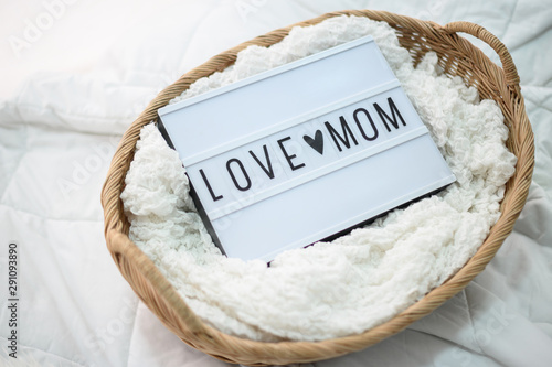 Wooden basket with fabric and mom love sign