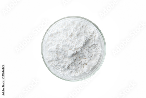 Close-up of flour or starch, Corn starch or tapioca starch powder in glass bowl background isolate