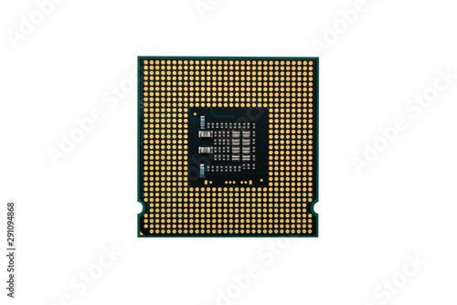 Close up view of front side CPU (Central Processing Unit) or Microchip Computer isolated on white background with clipping path