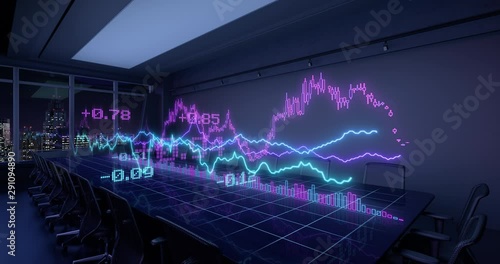 Animated Neon Charts Diagrams of Financial Statistics report Growing on Table in Night Office Interior. Exchange trading Gambling concept 4K video 3D rendering. 10 sec intro and 10 sec loop.