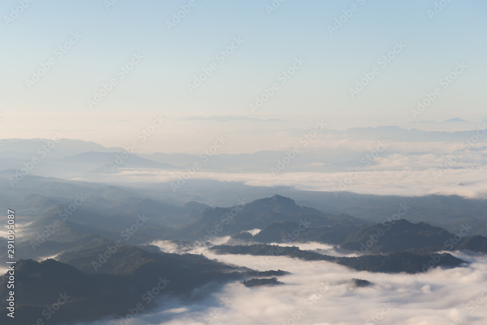 Sea of mist, fog and cloud mountain valley landscape