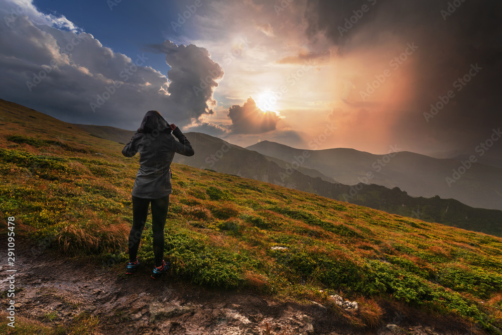 Fototapeta premium Mountain scenery with fog, rain, dramatic sky and beautiful scenery.