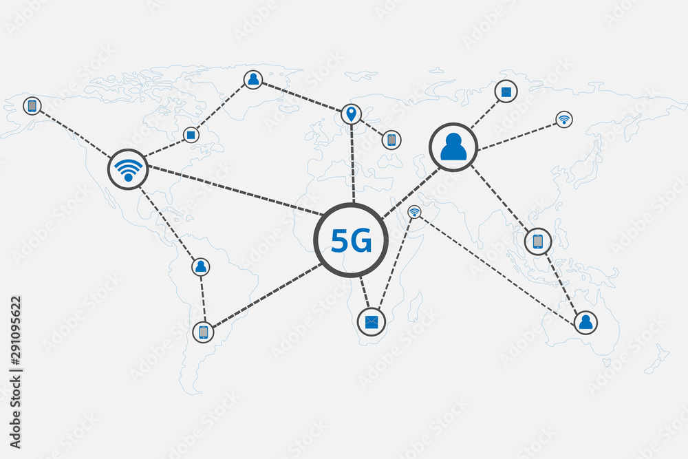 5G infographic icon and world map, connecting people with online communication 5G infographic icon and world map, connecting people with online communication