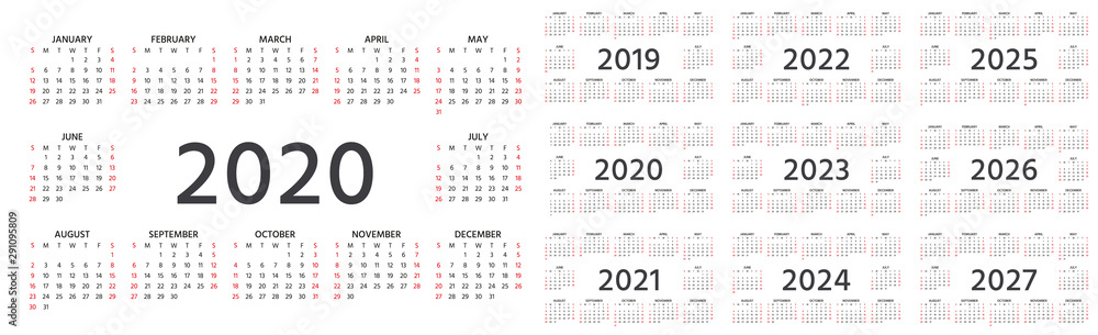 Calendar 2020, 2019, 2021, 2022, 2023, 2024, 2025, 2026, 2027 years