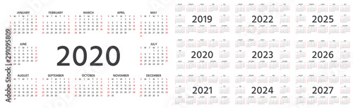 Calendar 2020, 2019, 2021, 2022, 2023, 2024, 2025, 2026, 2027 years. Vector. Week starts Sunday. Stationery template. Yearly calender organizer in minimal design. Landscape orientation, English.