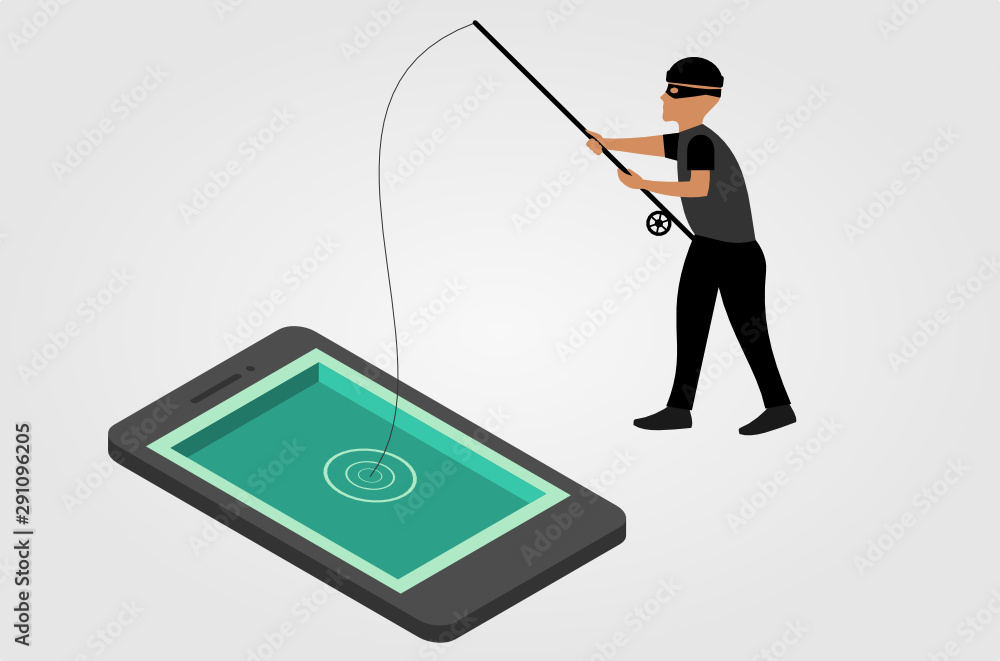 Phishing concept. A thief is holding a fishing rod above a cell phone.  Online fraud concept. Phishing attack, fishing, hacker, web security, cyber  thief, electronic crime, scam. Vector illustration. Stock Vector