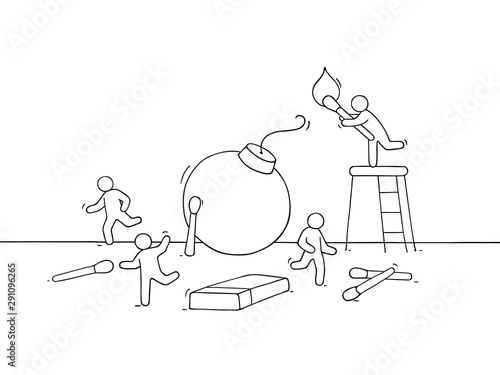 Cartoon little people run away from bomb.