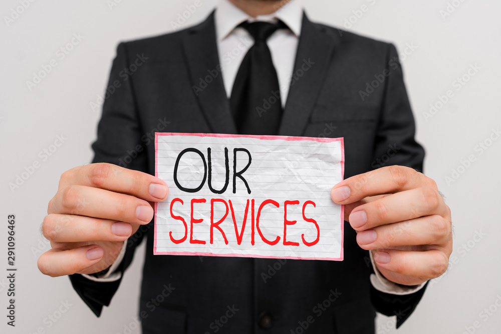 Handwriting text Our Services. Conceptual photo The occupation or function of serving Intangible products Handwriting text Our Services. Conceptual photo The occupation or function of serving Intangible products