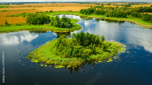 Amazing green swamps and blue lake in summer, aerial view