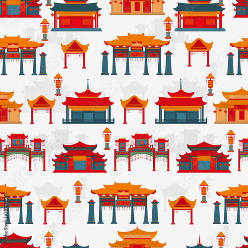 Seamless vector pattern to traditional Chinese buildings and temples on a white background.