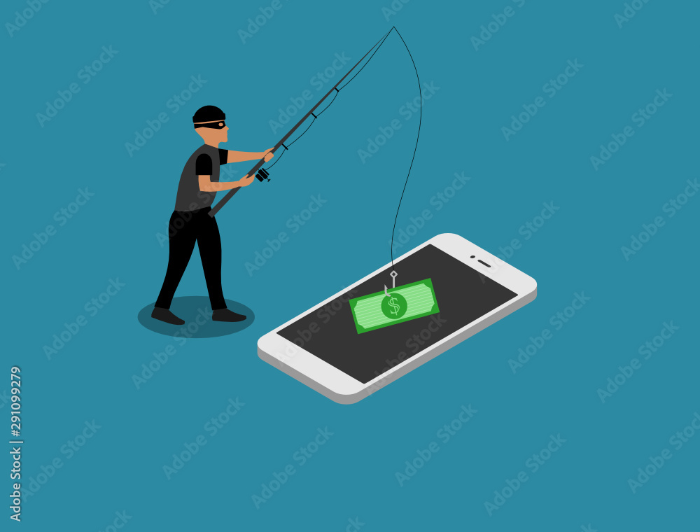 A cyber thief is stealing money with fishing rod from the smart phone.  Online fraud concept. Phishing attack, fishing, hacker, web security, cyber  thief, electronic crime, scam. Vector illustration Stock Vector